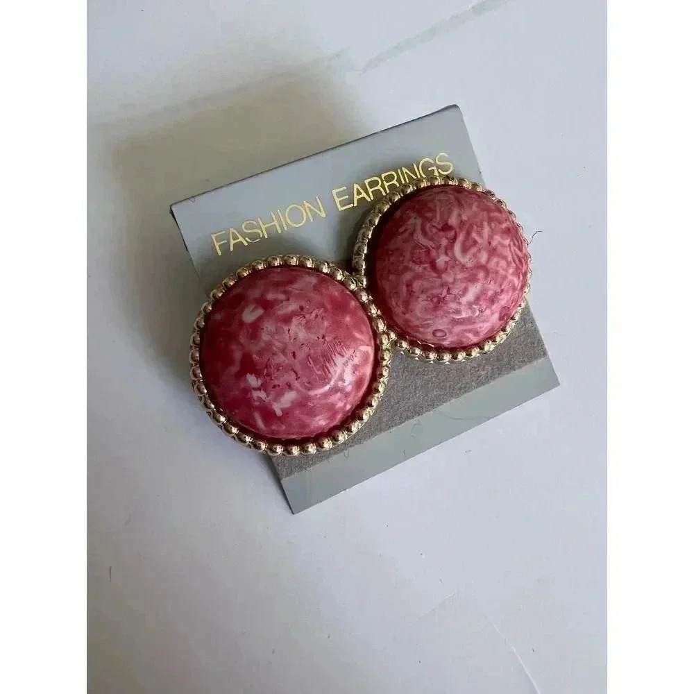 Vintage pink marble gold round fashion‎ earrings dead stock never worn